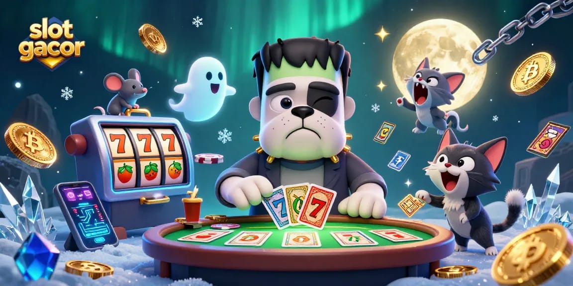 Slot gacor scene with a cartoon bulldog dealing cards, showcasing vibrant casino elements.