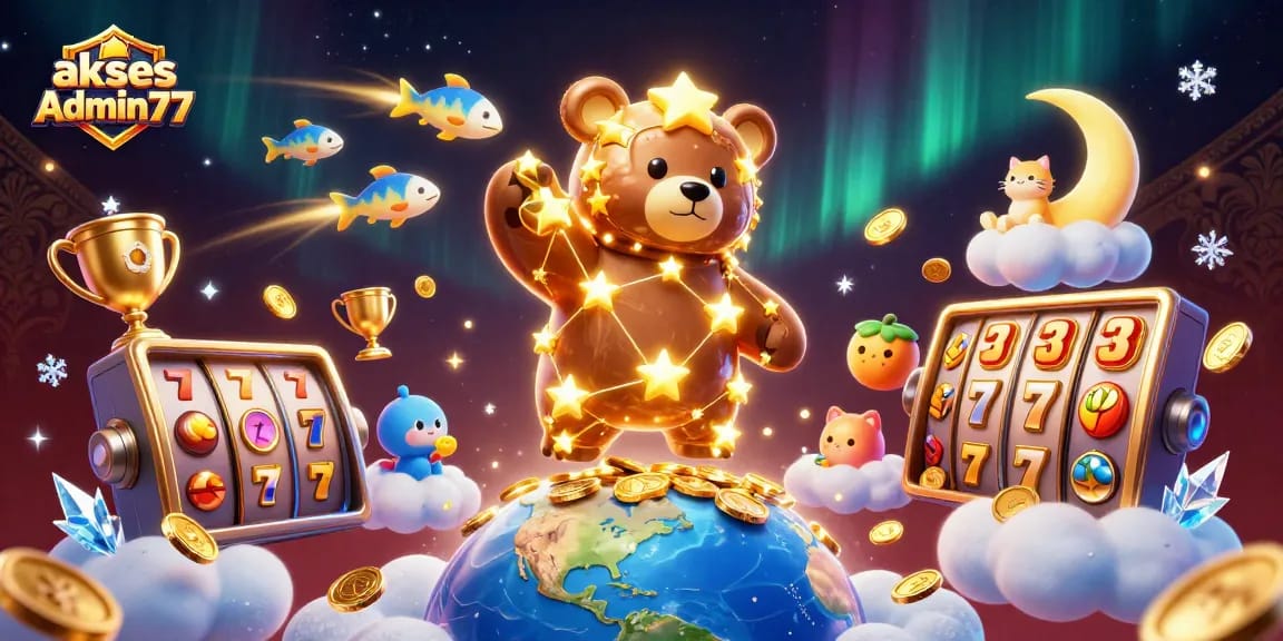 Play slots and win big with akses Admin77 in a vibrant 3D casino illustration.