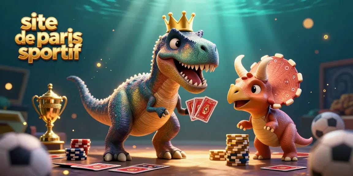 Actionner des paris sportifs sur un site de paris sportif avec un T-Rex et des trophées scintillants.