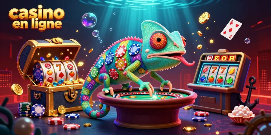 Capturer l'excitation du casino en ligne avec un caméléon coloré et des trésors sous-marins.