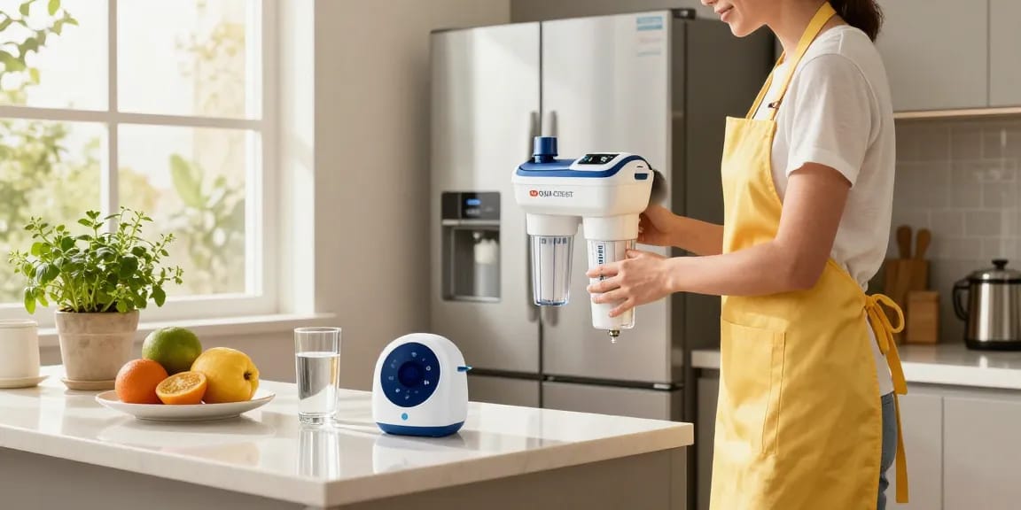 AQUA CREST EDR1RXD1 Replacement for W10295370A water filter being installed in a modern kitchen, showcasing a clean and vibrant home environment.