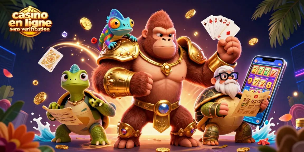 Jouez au casino en ligne sans vérification avec le roi gorille en armure dorée et son équipe animée.