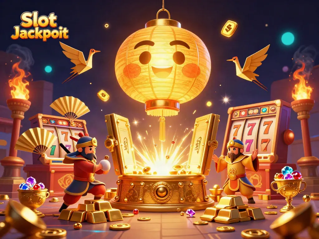 Pemain meraih Slot Jackpot di kasino malam yang penuh kemewahan dengan elemen karakter yang menawan.