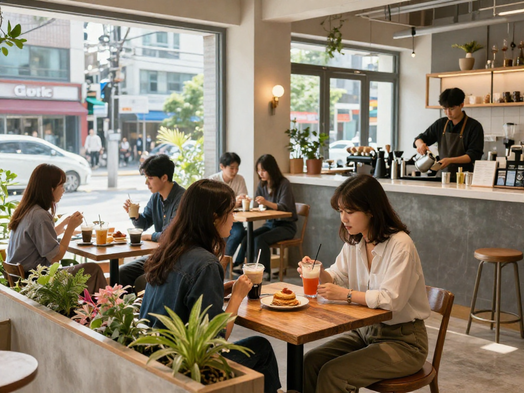 강남쩜오 카페에서 즐거운 대화와 함께하는 손님들 모습