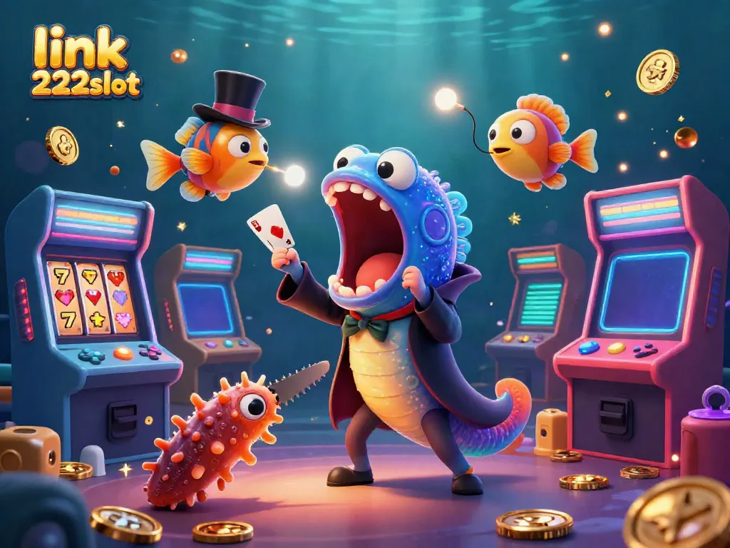 Menangkan permainan dengan link 222slot dalam ilustrasi 3D warna-warni dan simbol keberuntungan.