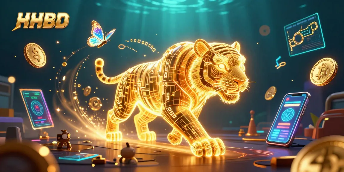 Experience HHBD with a majestic golden tiger navigating a vibrant crypto casino landscape.