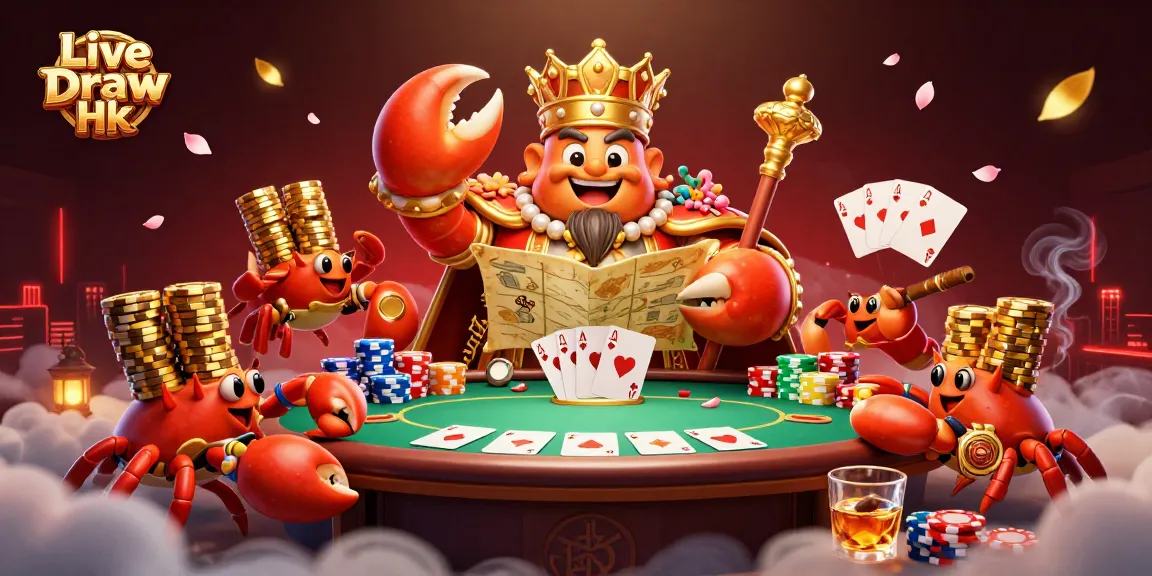 Experience thrilling Live Draw Hk action with an emperor crab and poker elements showcased in vibrant detail.