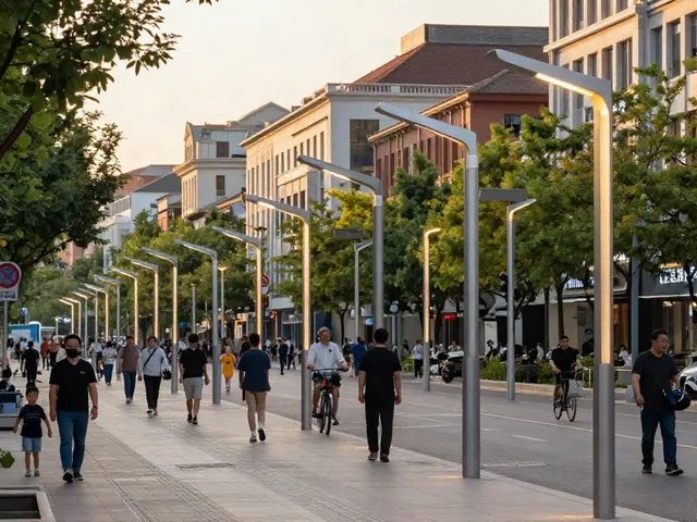 Light pole manufacturers showcase innovative urban lighting solutions on a busy city street.