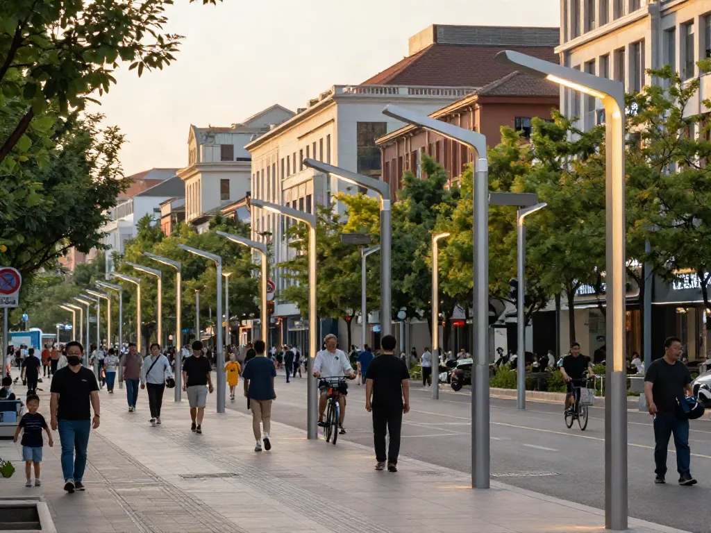 Light pole manufacturers showcase innovative urban lighting solutions on a busy city street.