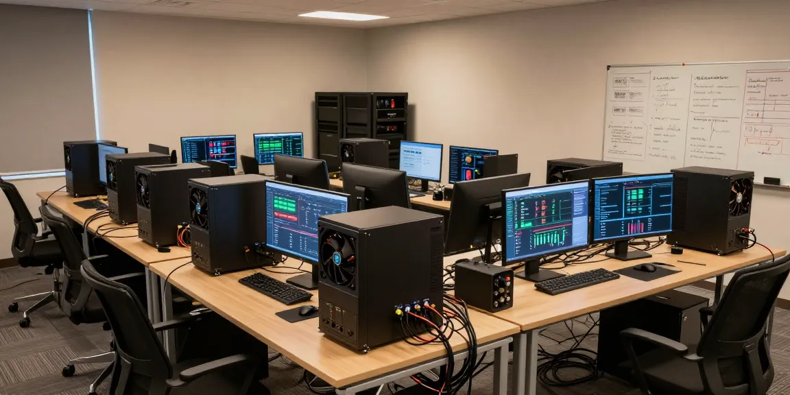 crypto mining service setup displaying multiple rigs and performance metrics in a professional office environment