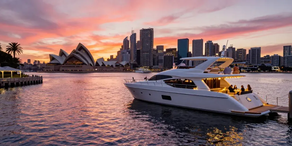 Rent a yacht Sydney with a luxury yacht at sunset on Sydney Harbour.