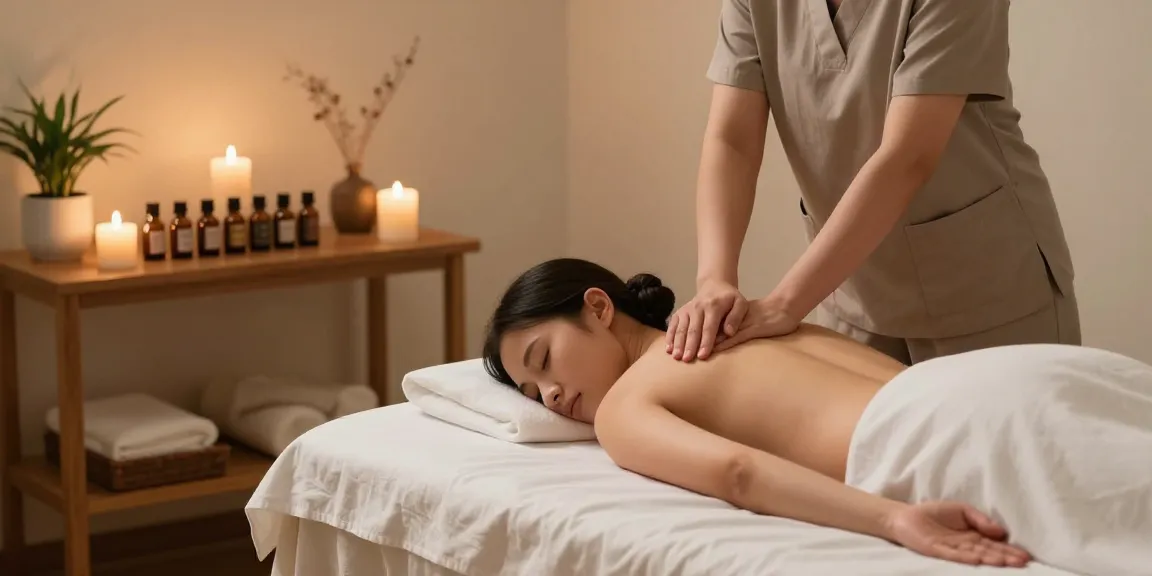 마사지 테라피 룸에서 편안한 분위기와 긴장을 푸는 모습