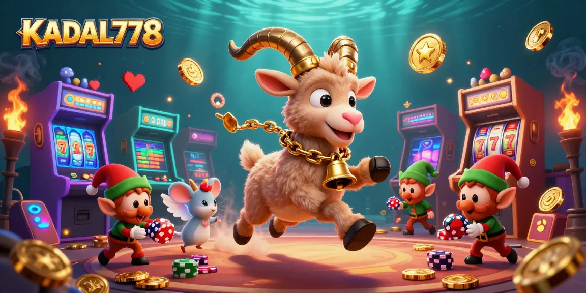 KADAL778 showcases a lively casino scene with a Krampus goat, angel mouse, and gremlins amidst chaos.