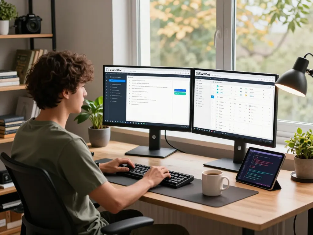 Developer optimizing Clawdbot settings on dual monitors in a modern workspace with a cozy atmosphere.