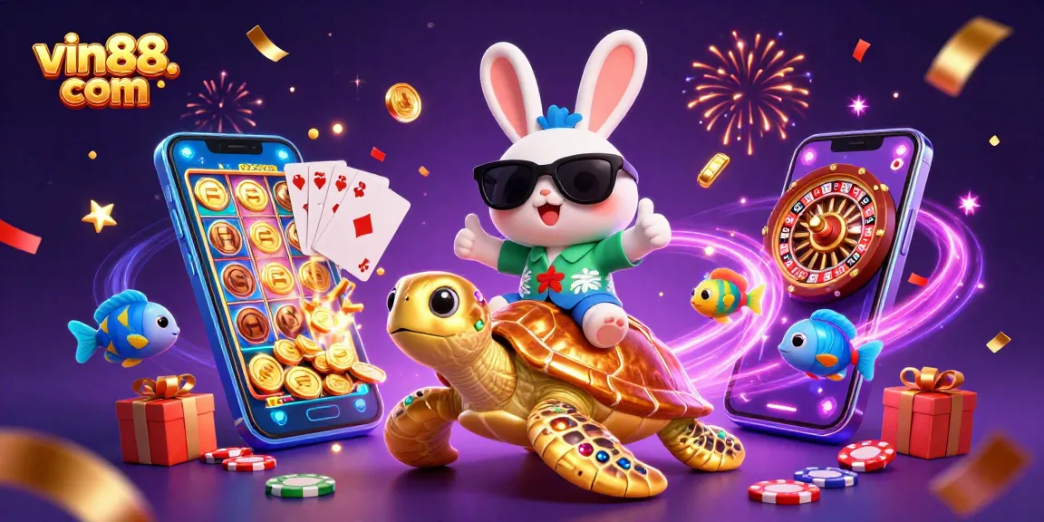 Engage with vin88. com's thrilling casino experience featuring vivid characters and casino elements.