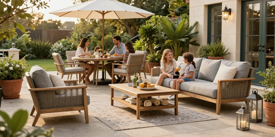 Luxury patio furniture scene featuring a family enjoying the Camden Club Chair and Bristol Dining Set in an elegant outdoor setting.