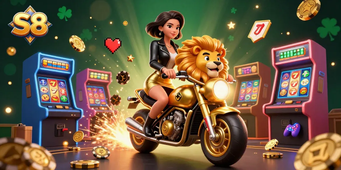 S8 players enjoy excitement and jackpots in a vibrant casino atmosphere with a dynamic Asian woman character.