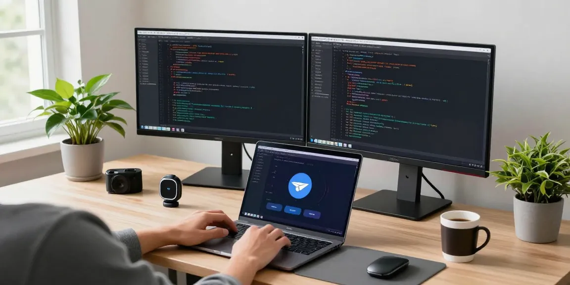 Developer focused on 纸飞机中文版 interface in a modern tech workspace surrounded by gadgets and natural light