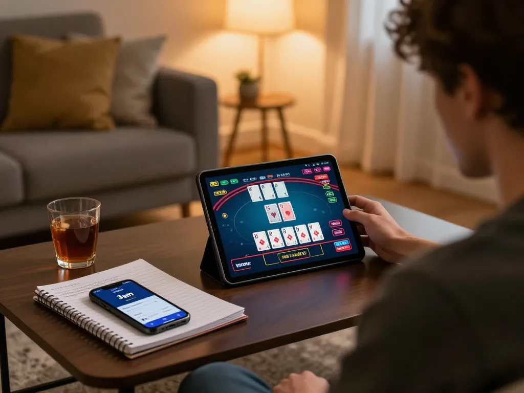 Player engaged in online casino gaming using the 3win app on a tablet, showcasing strategic gameplay in a cozy, relaxed setting.