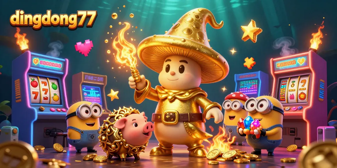 Experience the magic of dingdong77 with a whimsical wizard and treasure pig in a vibrant casino setting.