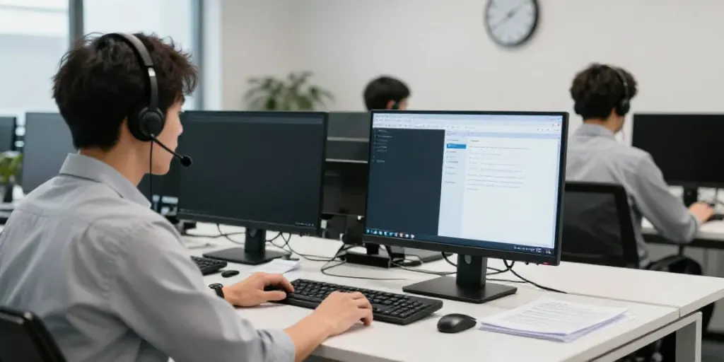 Hotmail technical support scene with a technician assisting a customer through a computer interface