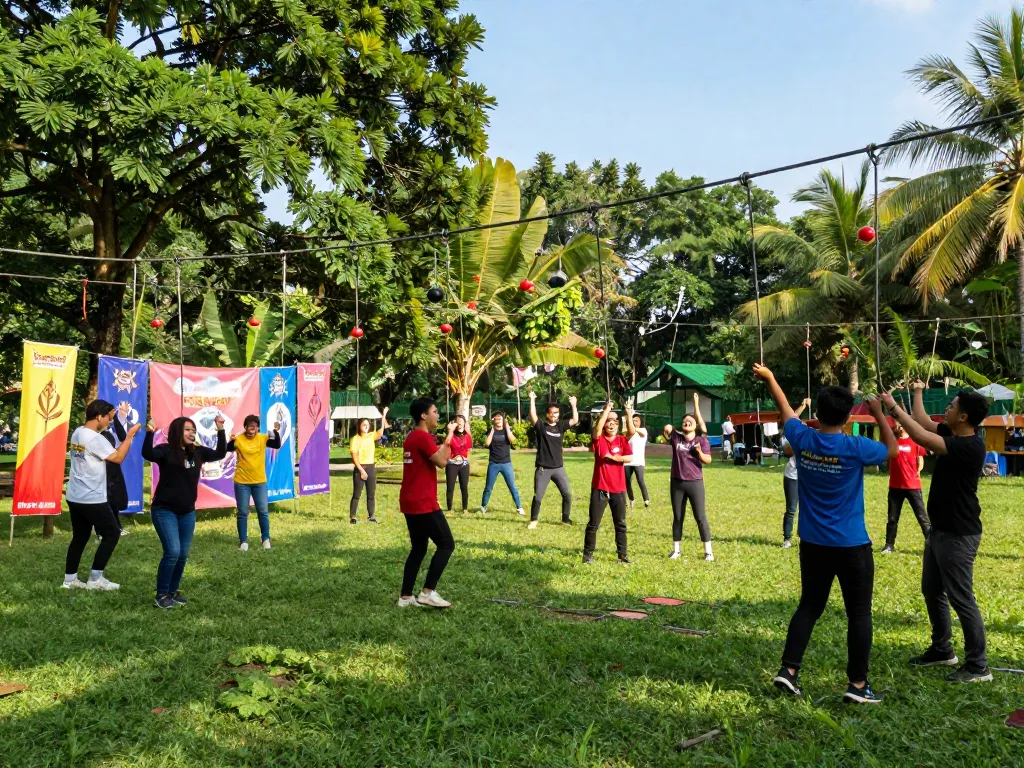 Team Building jogja participants collaborating in outdoor activities, showcasing teamwork and adventure in a vibrant park setting.