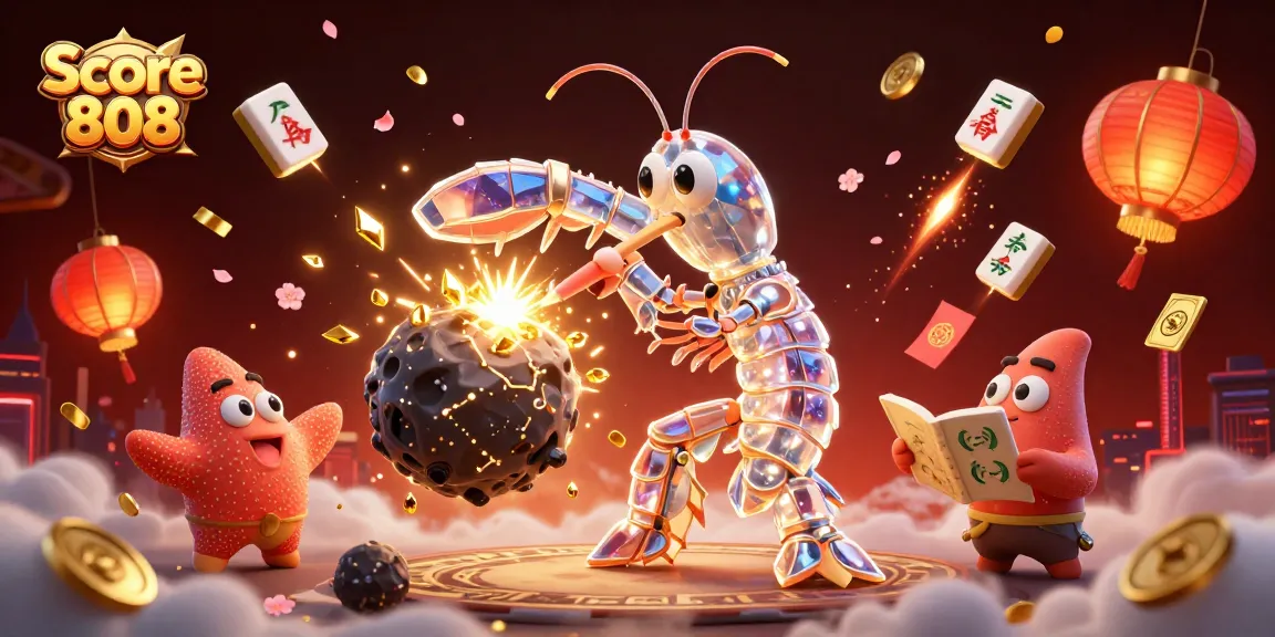 Experience Score 808's thrilling action with a galactic samurai mantis shrimp battling asteroids, showcasing vibrant golden gems.