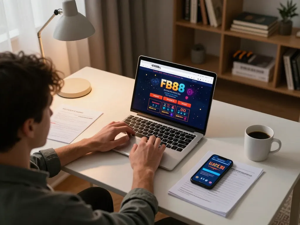 Engaging moment using Link FB88 on a laptop for online gambling at home.