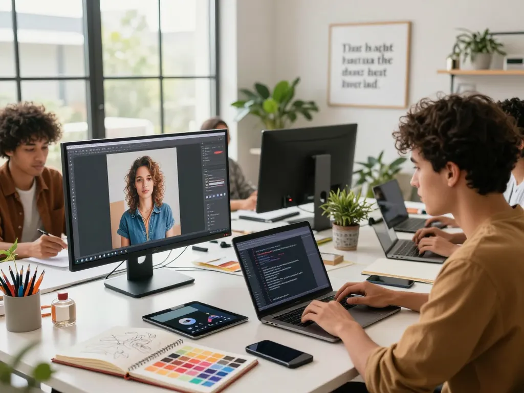 Creative team using image to prompt ai in a modern workspace, collaborating on AI-generated designs.
