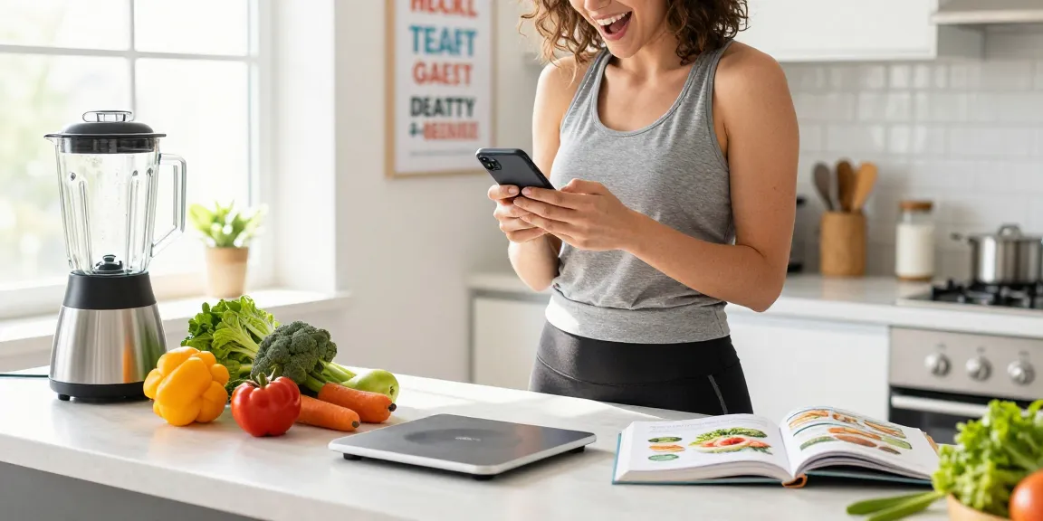Person logging meals into the best weight loss app in a bright kitchen, surrounded by fresh ingredients.