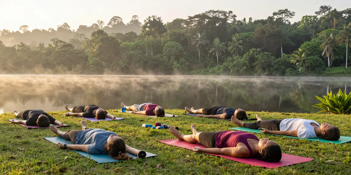 Yoga retreat Sri Lanka attendees practicing synergy vinyasa yoga by Koggala Lake at sunrise.