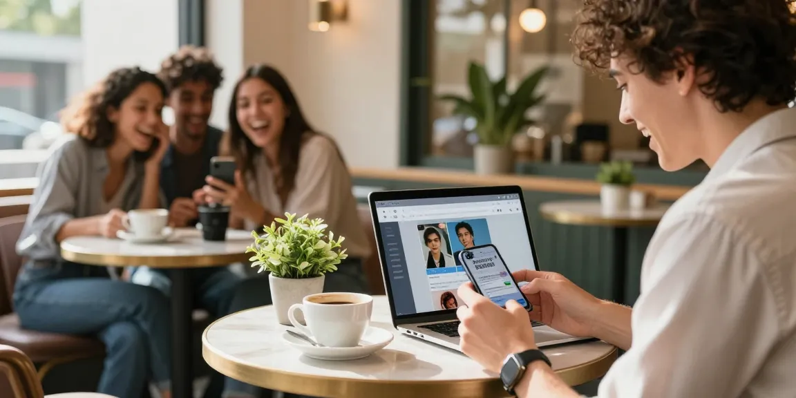 Person discovering look alikes of famous people on smartphone at a café.