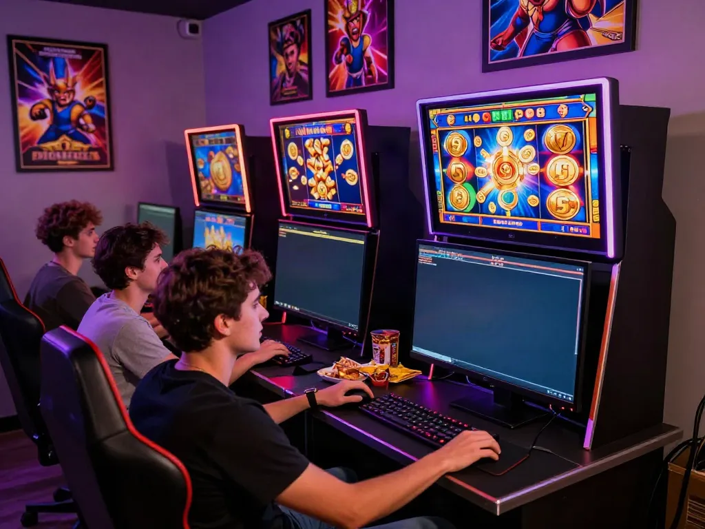 Reuni teman bermain slot online, menampilkan permainan slot di layar dengan suasana penuh energi.