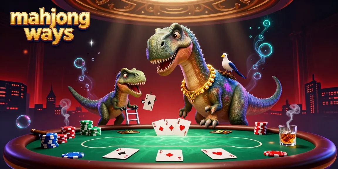 Engage with mahjong ways in this vibrant casino scene featuring a towering brontosaurus and clever raptor.