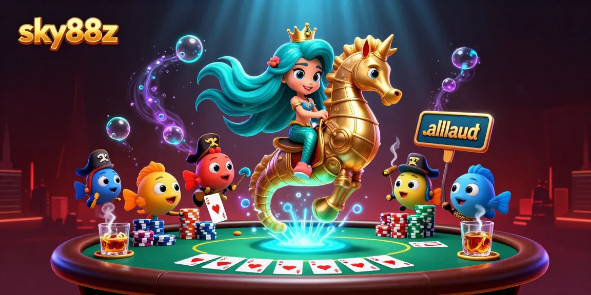 Engage with sky88z's vibrant casino adventure featuring mermaid princess on a seahorse amidst poker elements.