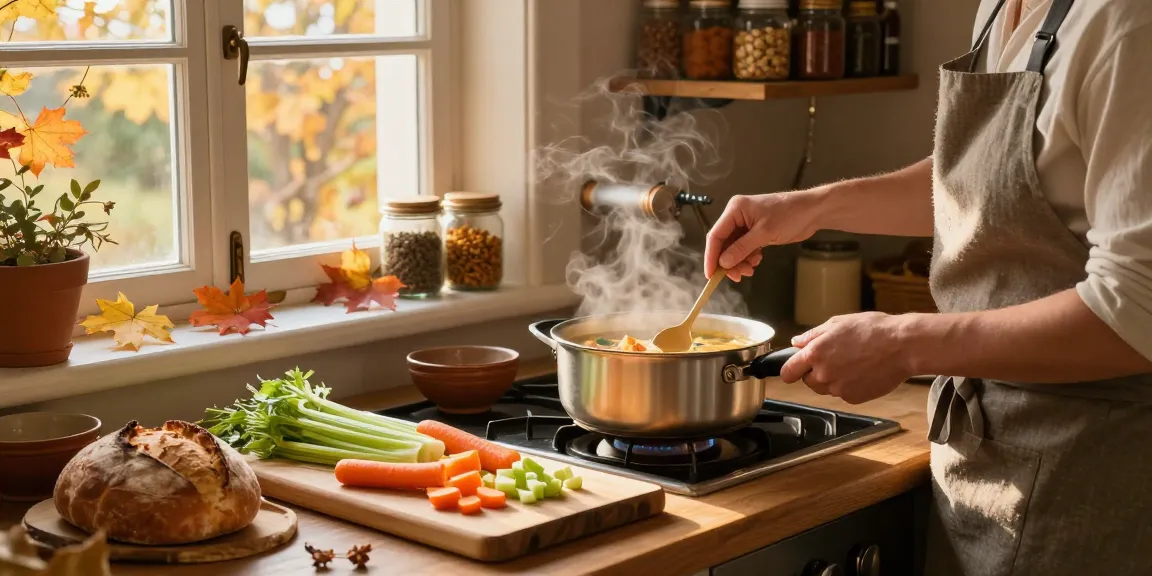 Hausgemachte Klare Suppe, die in einer rustikalen Küche mit frischen Zutaten des Herbstes köchelt.