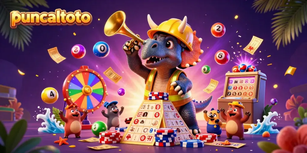 Puncaktoto memeriahkan suasana dengan triceratops dan parasaurolophus membangun piramida chip poker.