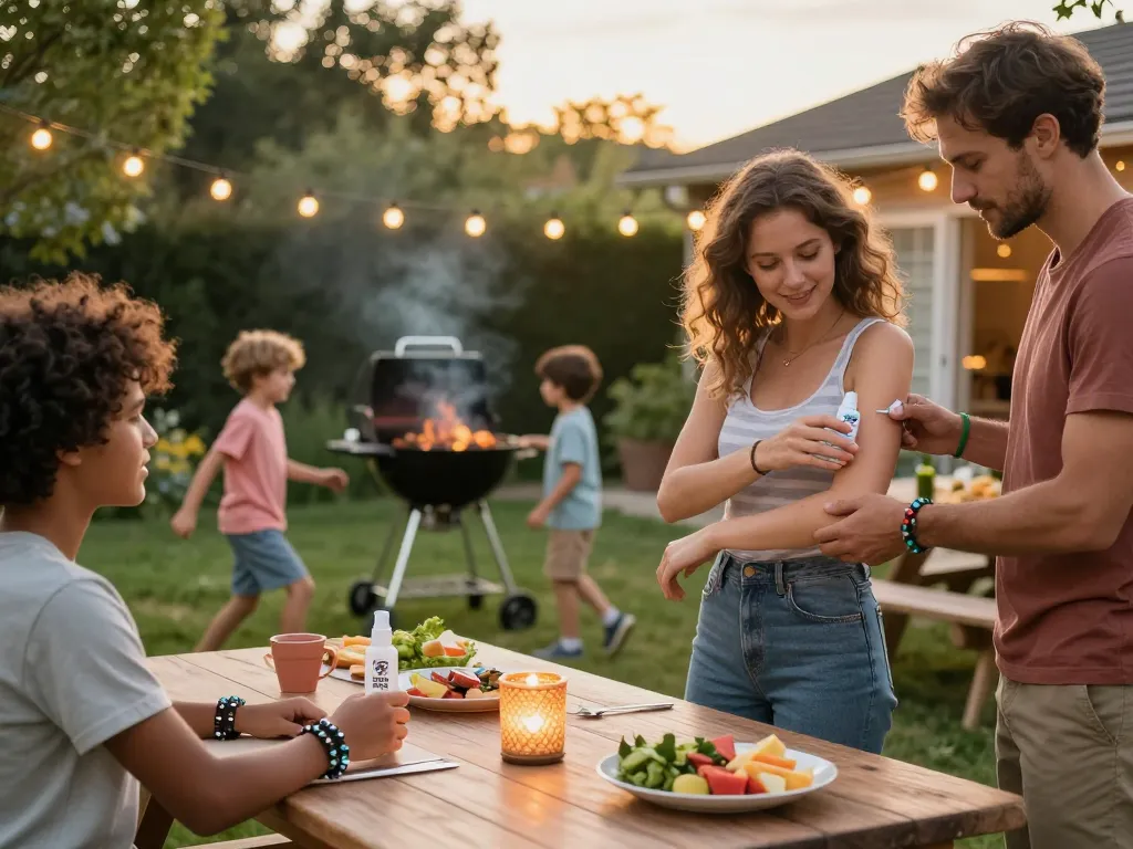 Group of friends enjoying a summer barbecue while applying the Best Mosquito Repellent for effective outdoor protection.