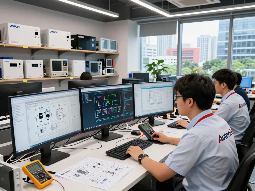 Engineers collaborating at Hải Phòng Tech workspace with advanced sensors and PLC programming on monitors.