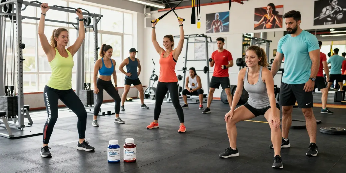 Trainers showcasing Deus Medical products in an energetic gym scene