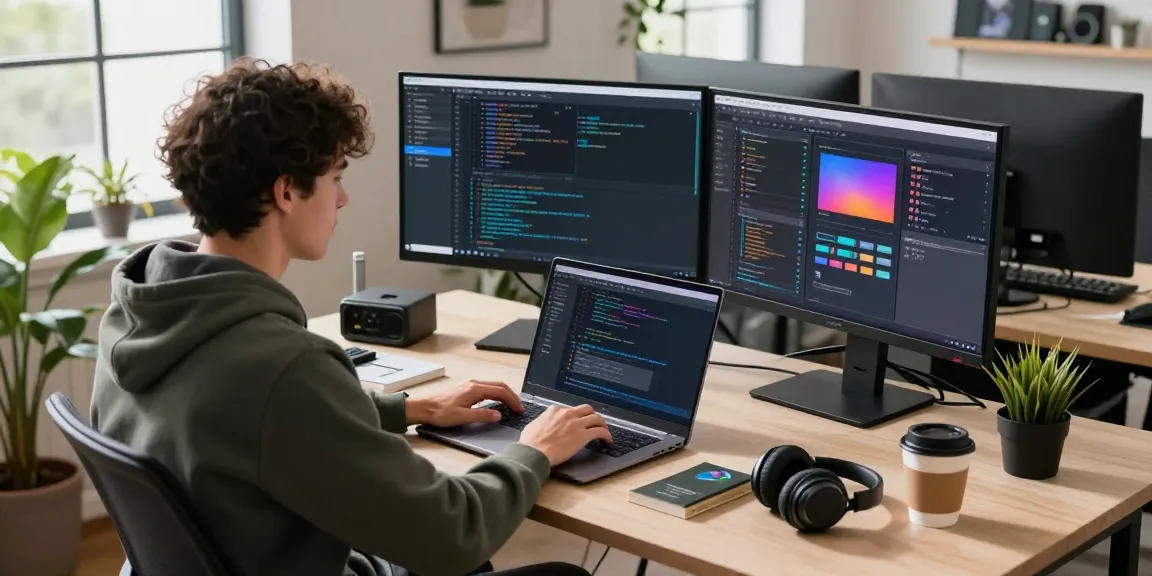 Developer coding on laptop in a vibrant workspace with 纸飞机中文版 tech gadgets and modern decor.