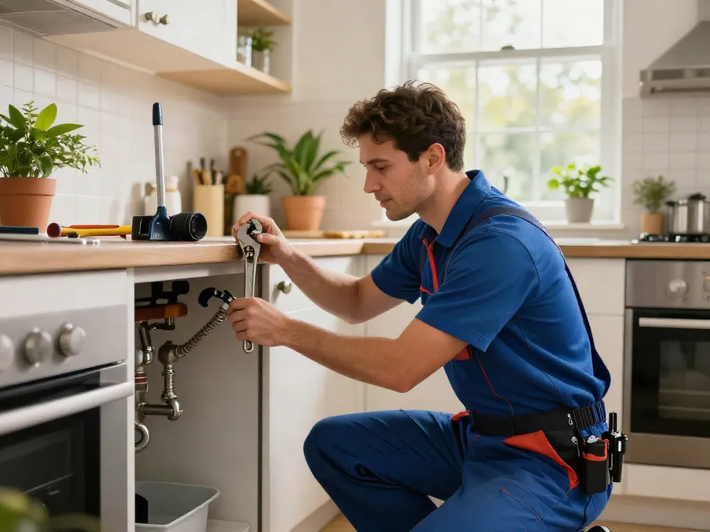 Experienced plumber London diagnosing kitchen issues with tools and natural light.