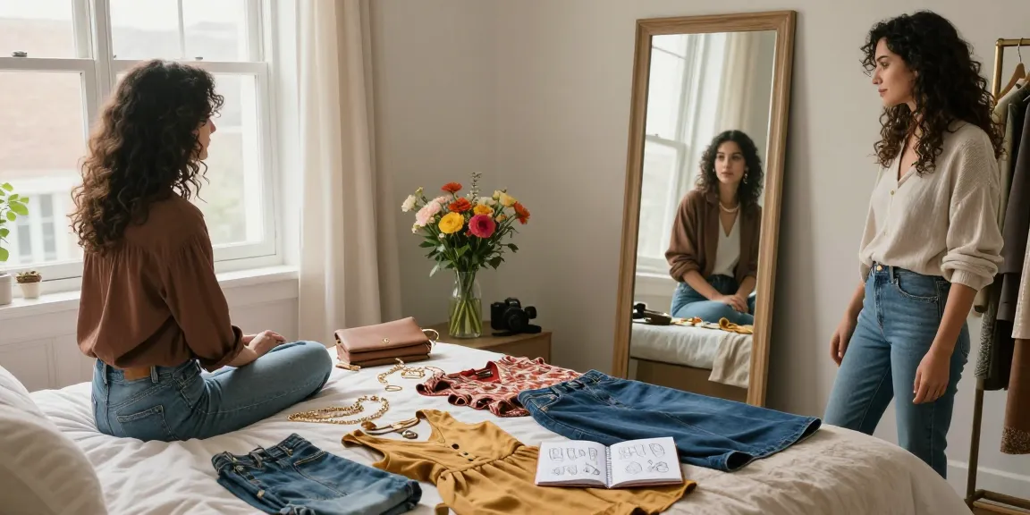 Scena di consulenza per il guardaroba capsula con outfit e accessori in un ambiente accogliente.
