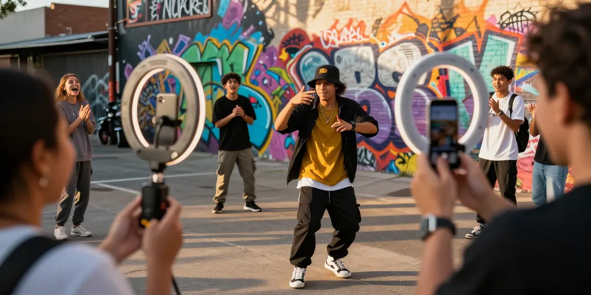 Engaging influencer filming TikTok growth strategy tips in urban setting, showcasing dynamic street style and audience interaction.