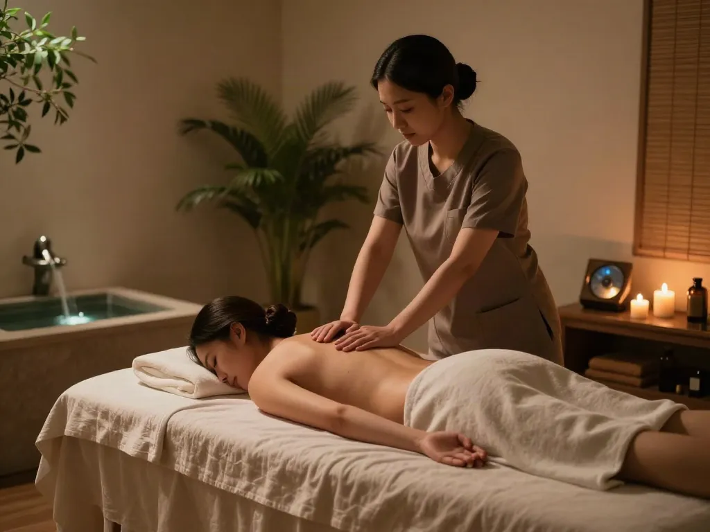 Relaxing 용인출장마사지 therapy session in a tranquil spa with soft lighting and calming elements.