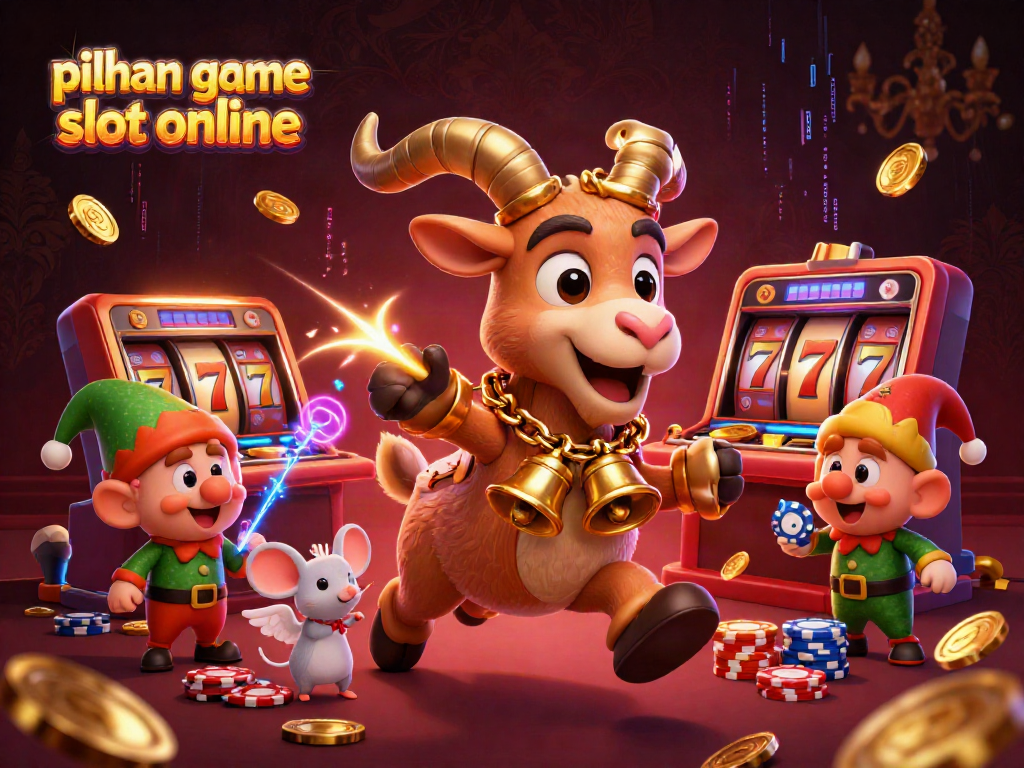 Gambarkan pilihan game slot online dengan karakter unik dalam suasana kasino yang meriah dan penuh energi.