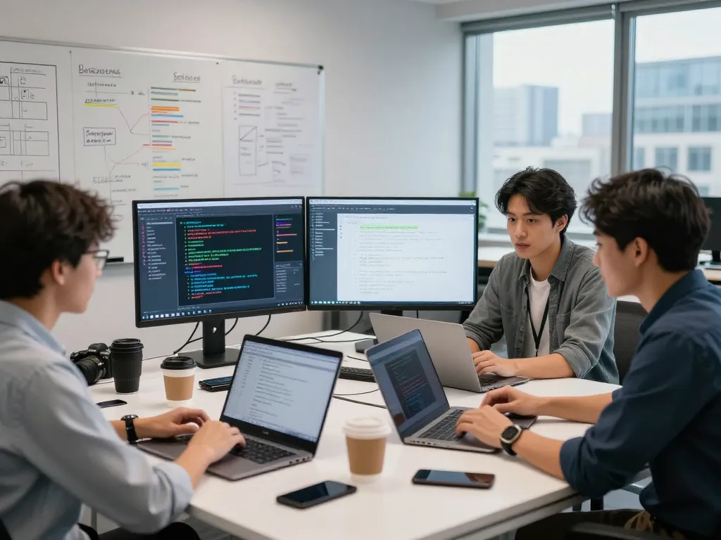 Collaboration in AI development at Crushonai’s innovative tech workspace.