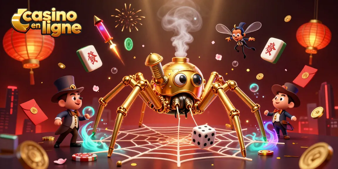 Gagnez au casino en ligne avec une illustration dynamique d'une araignée steampunk et des éléments de jeux modernes.
