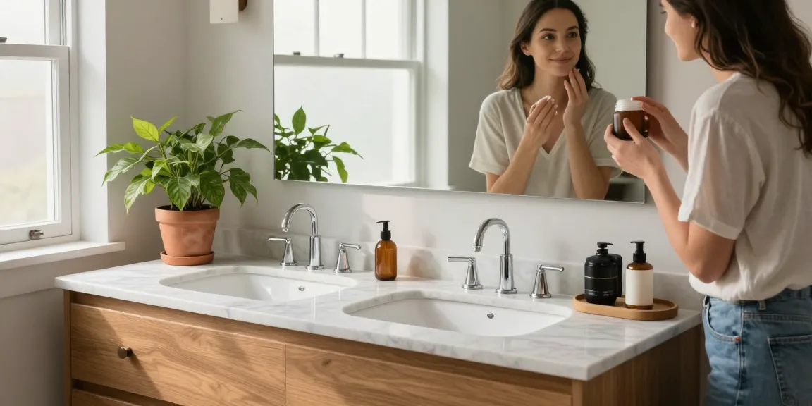 Modern bathroom vanity with dual sinks and marble countertop in an elegant setting featuring serene decor and vibrant plants