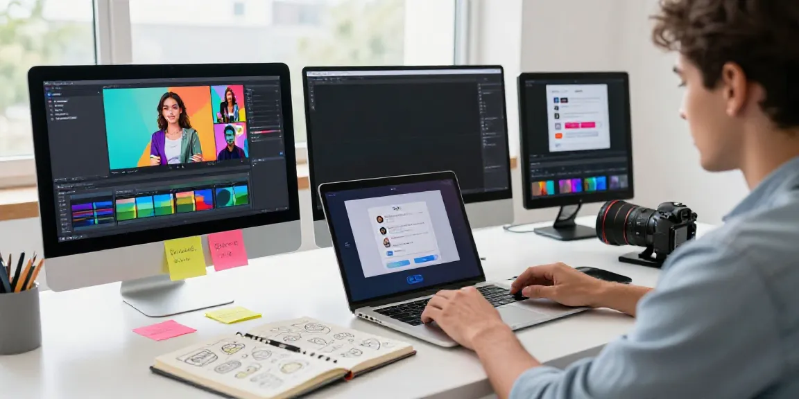 Creative workspace featuring AI social media video generator in action, highlighting vibrant video designs.